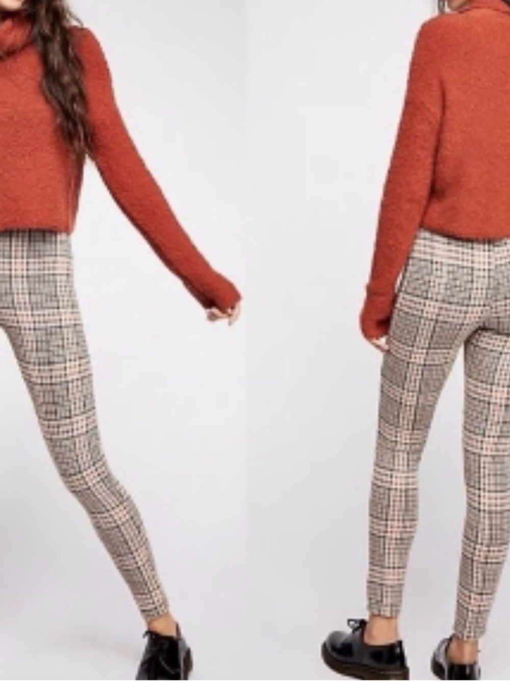 Free People Rust Sweater & Beige Plaid Skinny Trousers